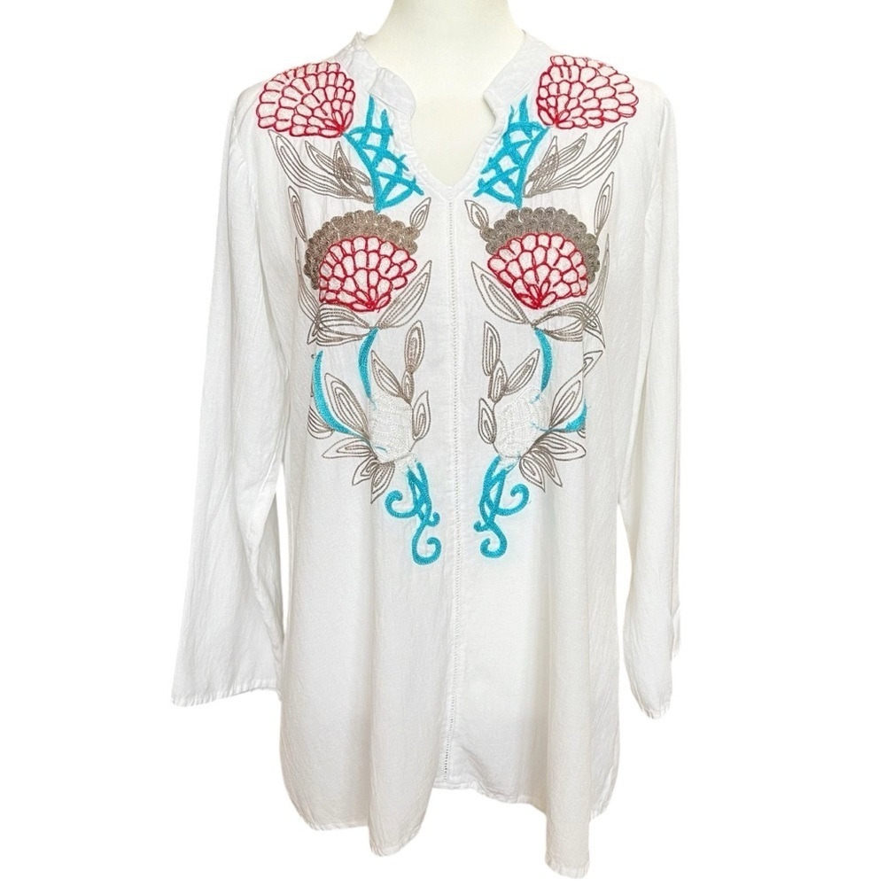 A&A Women’s Size XL White Tunic Embroidered Shells Boho Beachy Summer Casual